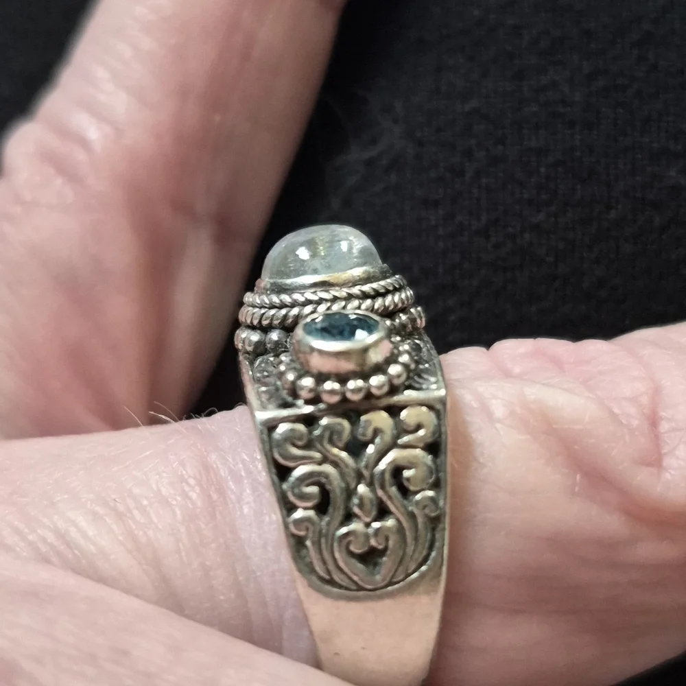 Elegant Silver and Blue Gemstone Ring Size 9
